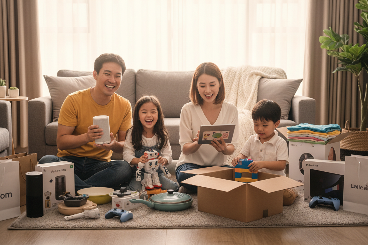 familia feliz con sus productos